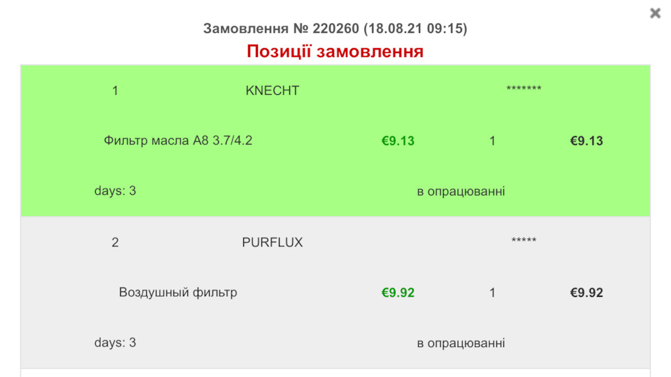 Замовлення запчастин для ТО 1