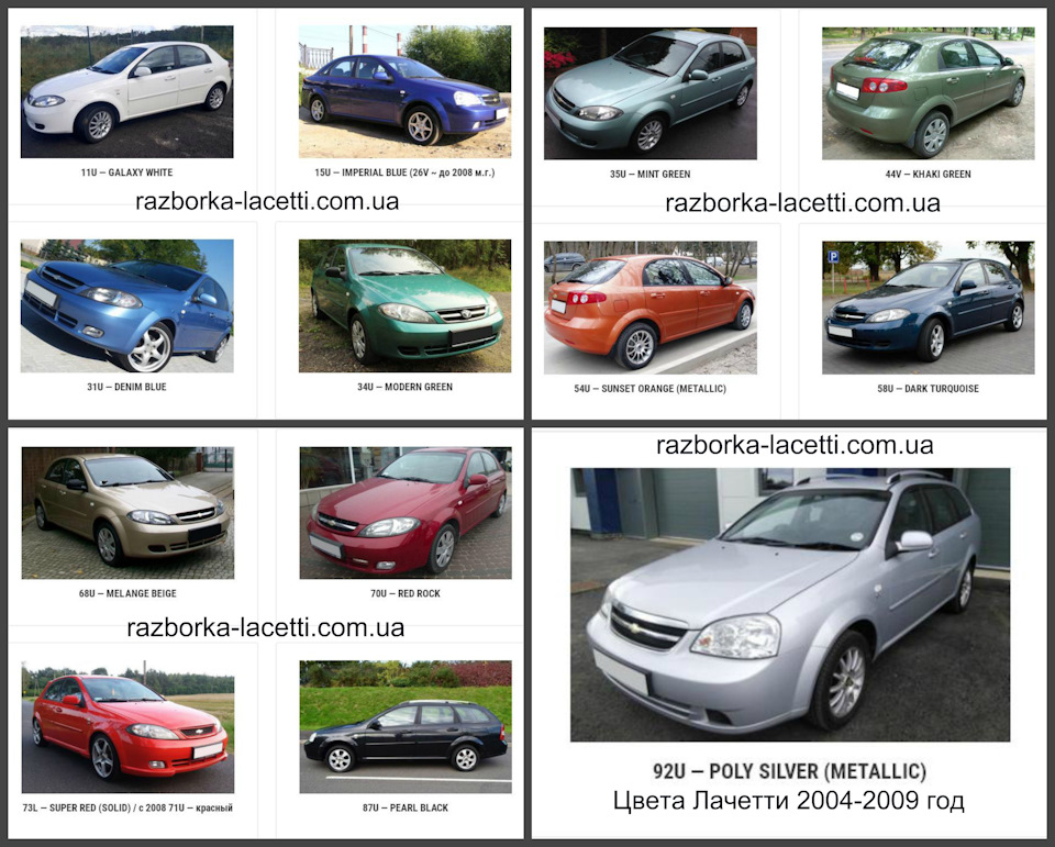 Кольори Лачетті Lacetti Джентра Gentra 2004-2017 року 2