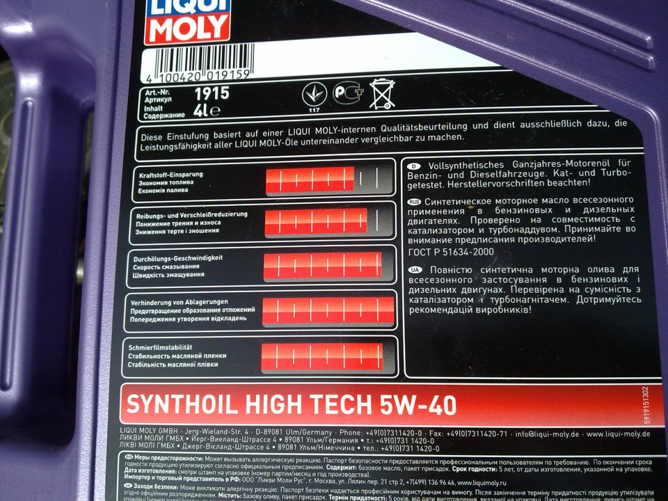 Відгук про олію LIQUI MOLY Synthoil High Tech 5W/40 2