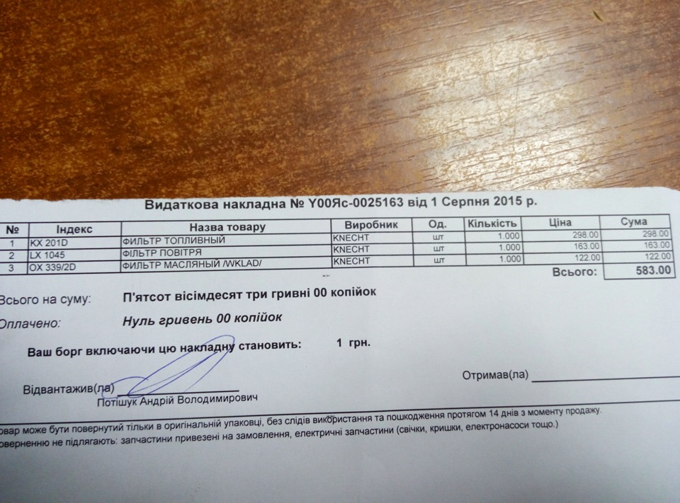 Фільтра для ТО 1