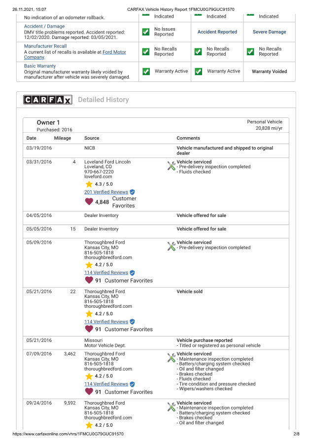 Історія Автомобіля по carfax 2