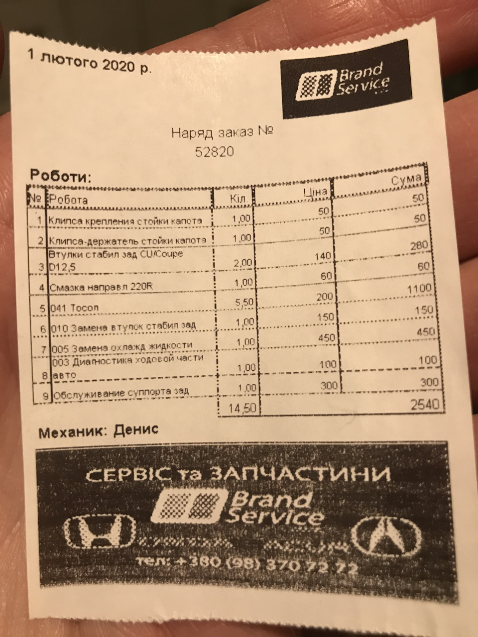 Перші витрати та перше ТО 1
