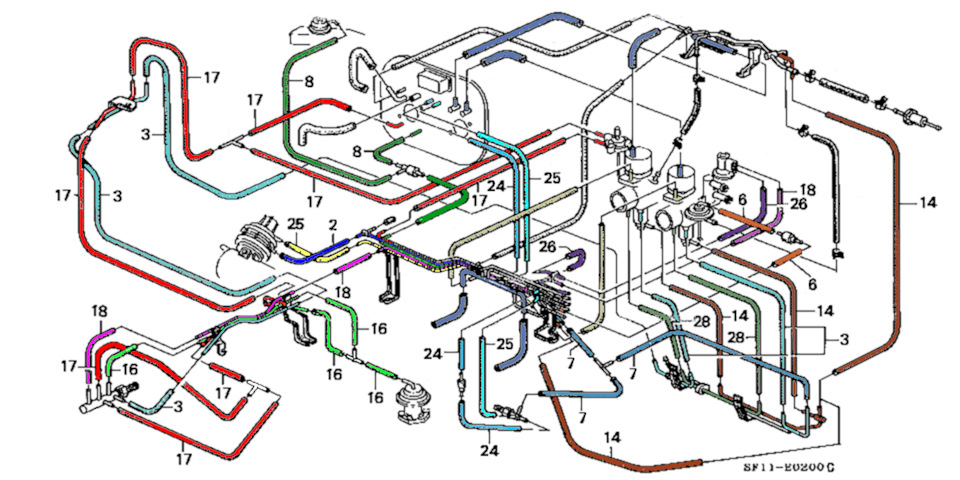 Dual Carb Keihin Honda Prelude III схема вакуумної електронної паливної системи 2