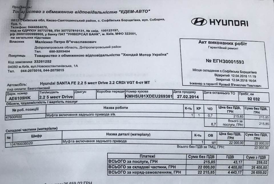 Заміна муфти ПП, гарантія 1