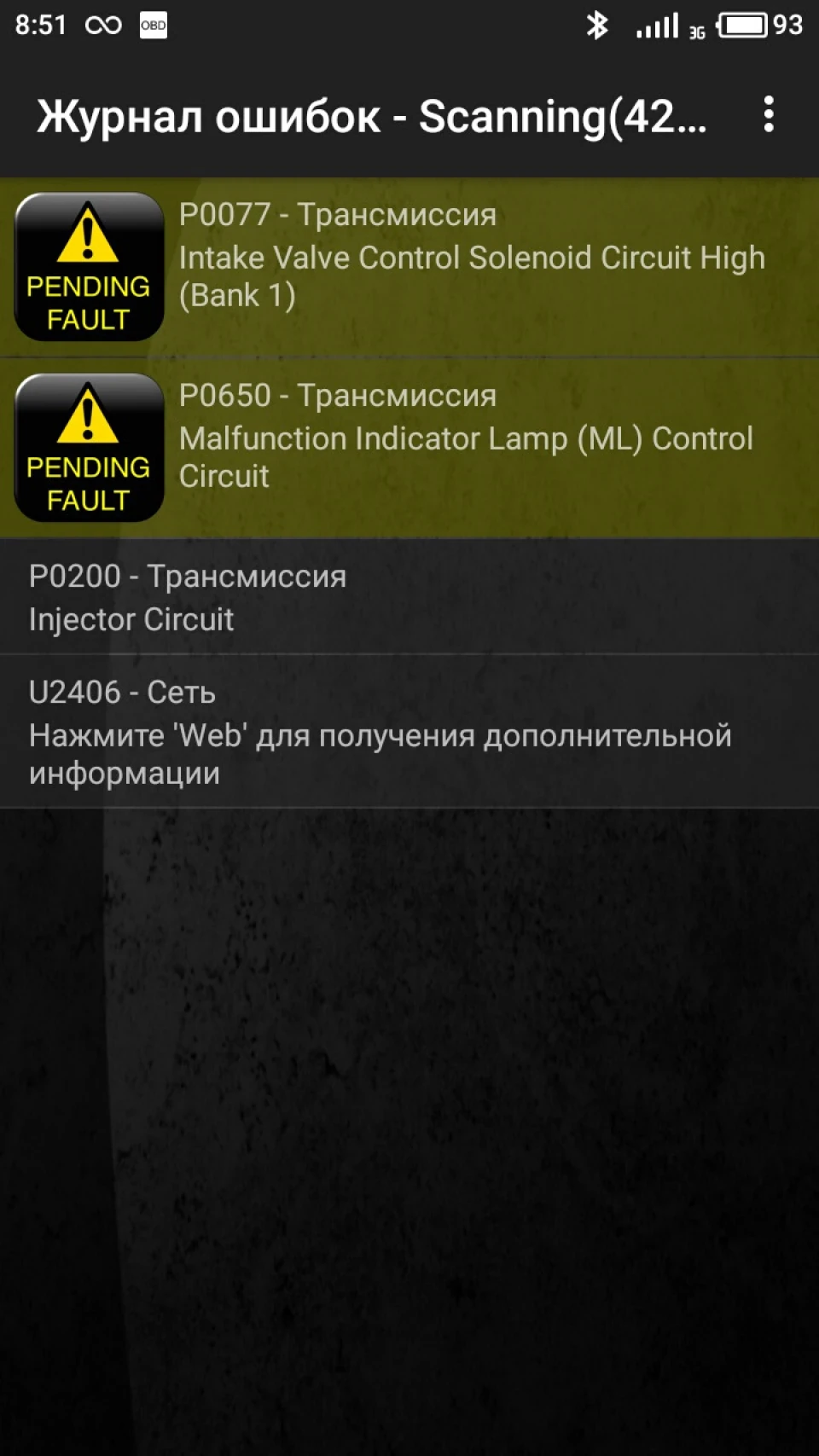 помилки р0077 та р0650