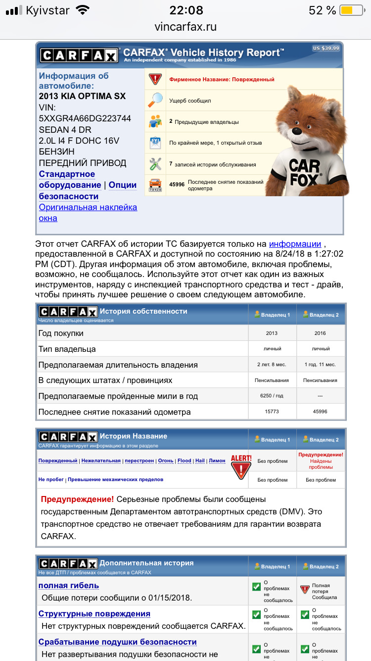 Carfax моєї Optima 1