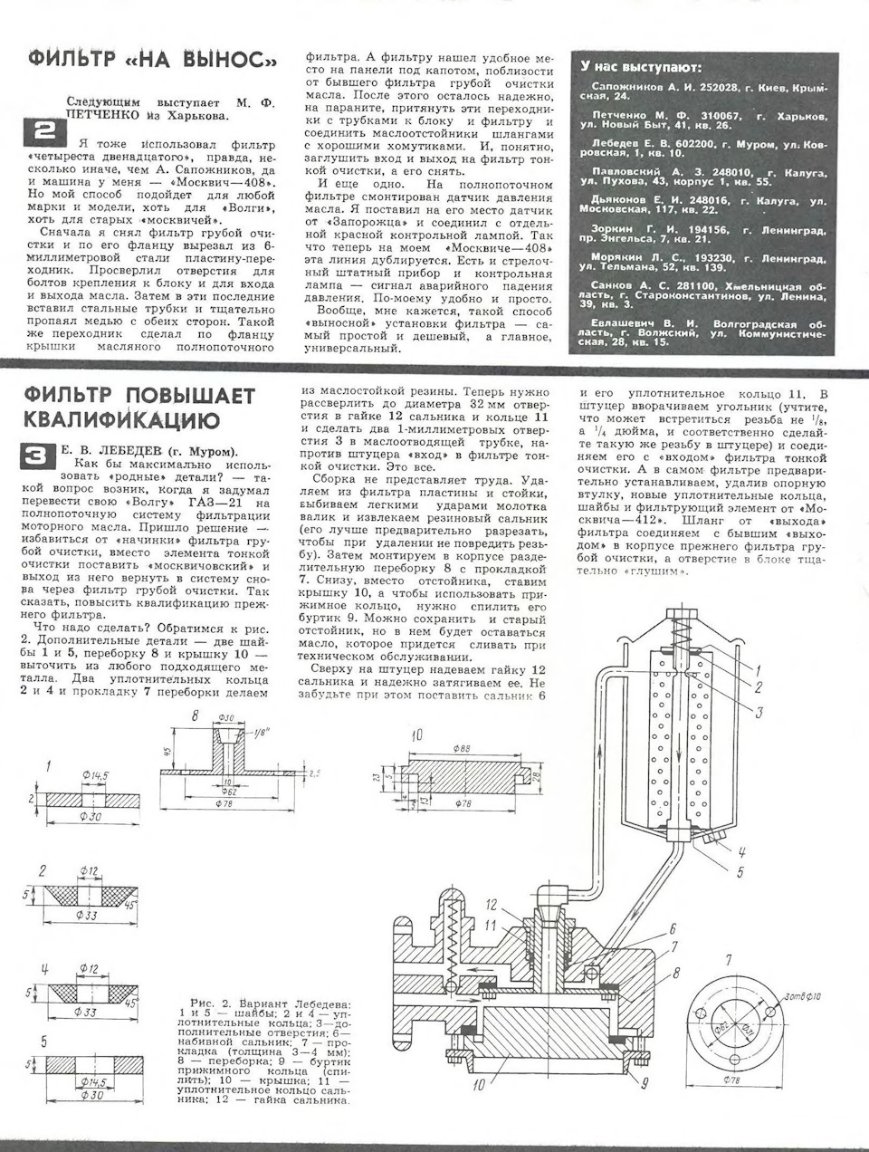 Повнопотоковий масляний фільтр на Газ 21 і Москвич 408, різні варіанти з журналу "ЗР 4