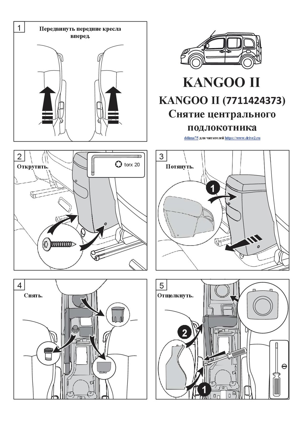 Зняття центрального підлокітника у Renault Kangoo II 1