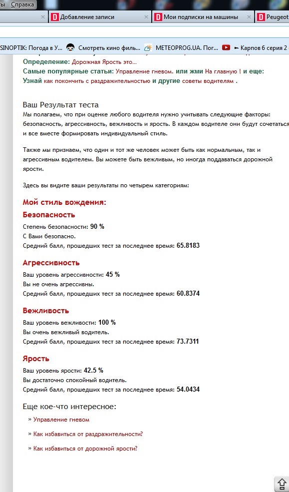 Знайшов цікавий сайт Ваш стиль водіння вирішив пройти тест. Результати в БЖ 1