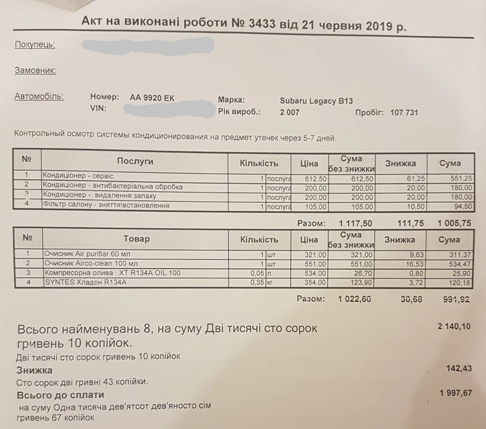 Дозаправка кондиціонера + антибактеріальна обробка