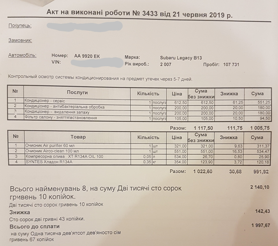 Дозаправка кондиціонера + антибактеріальна обробка 1