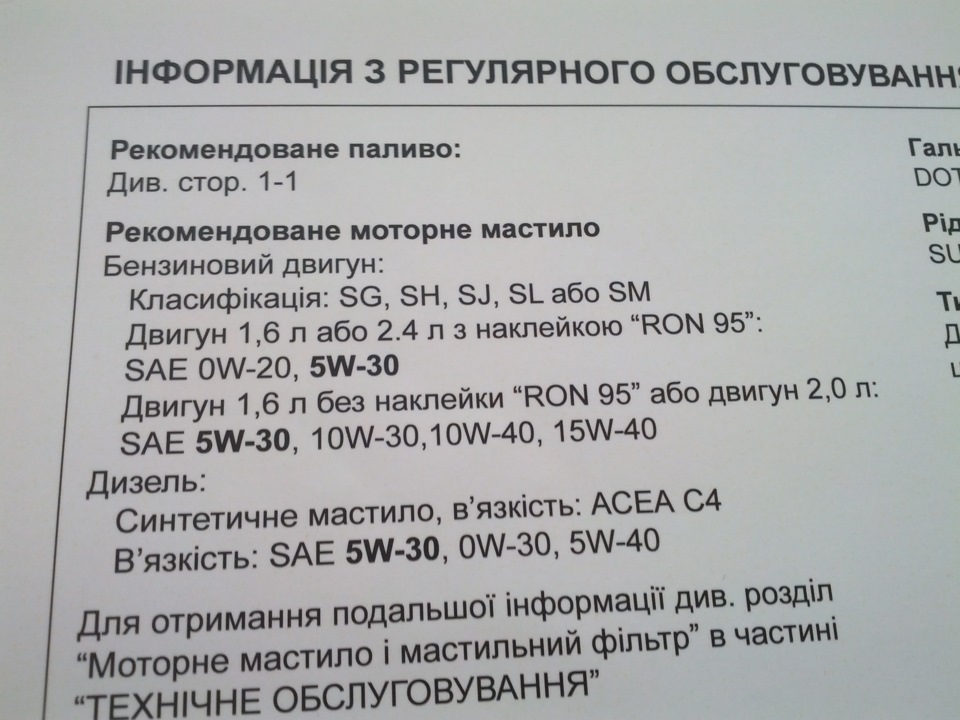 ТО-1 та мастило 0W-20 2
