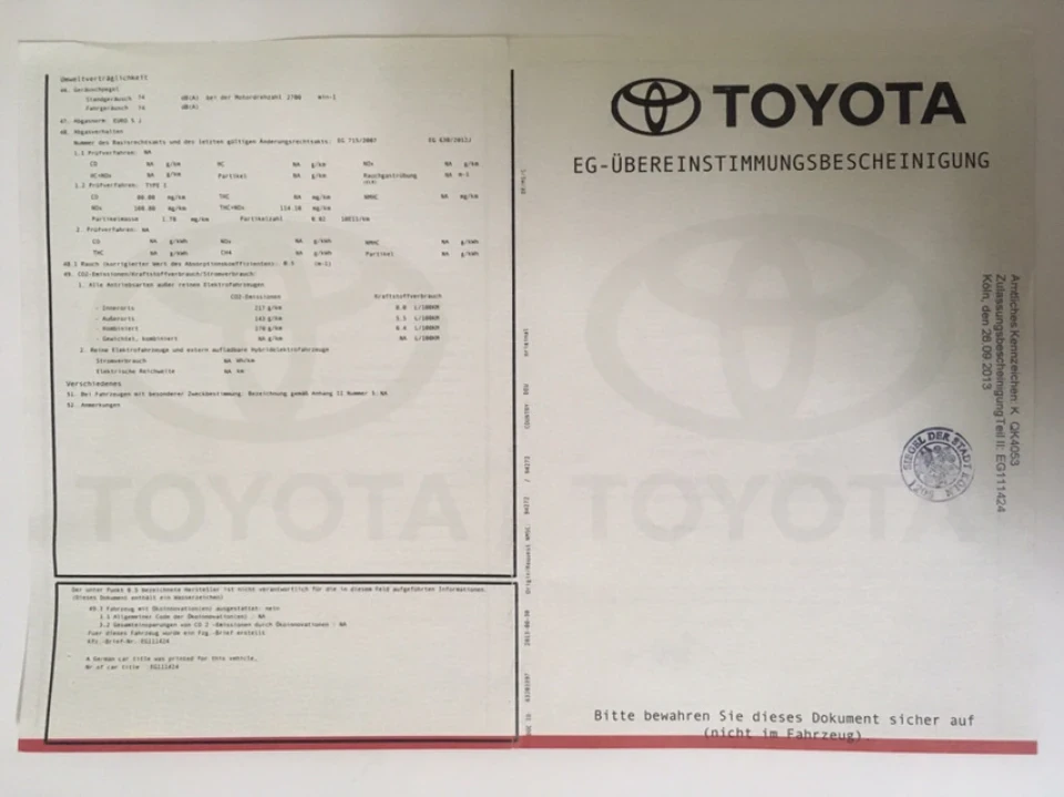 Паспортна витрата із сертифікату походження із заводу Toyota