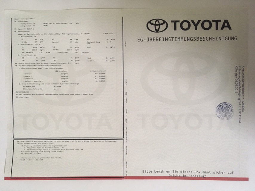 Паспортна витрата із сертифікату походження із заводу Toyota 1