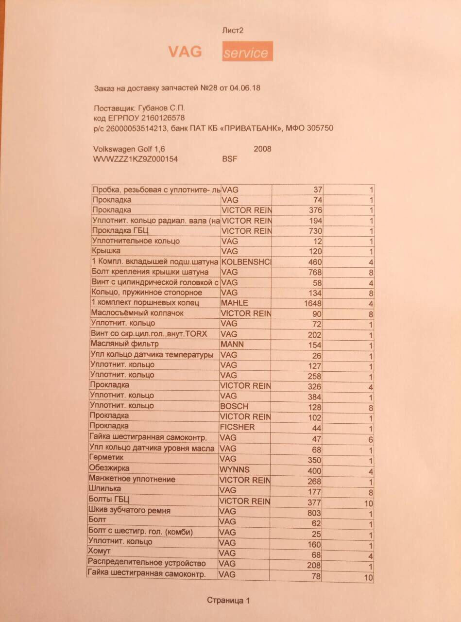 Ремонт ДВС VW Golf 1.6 BSF 3