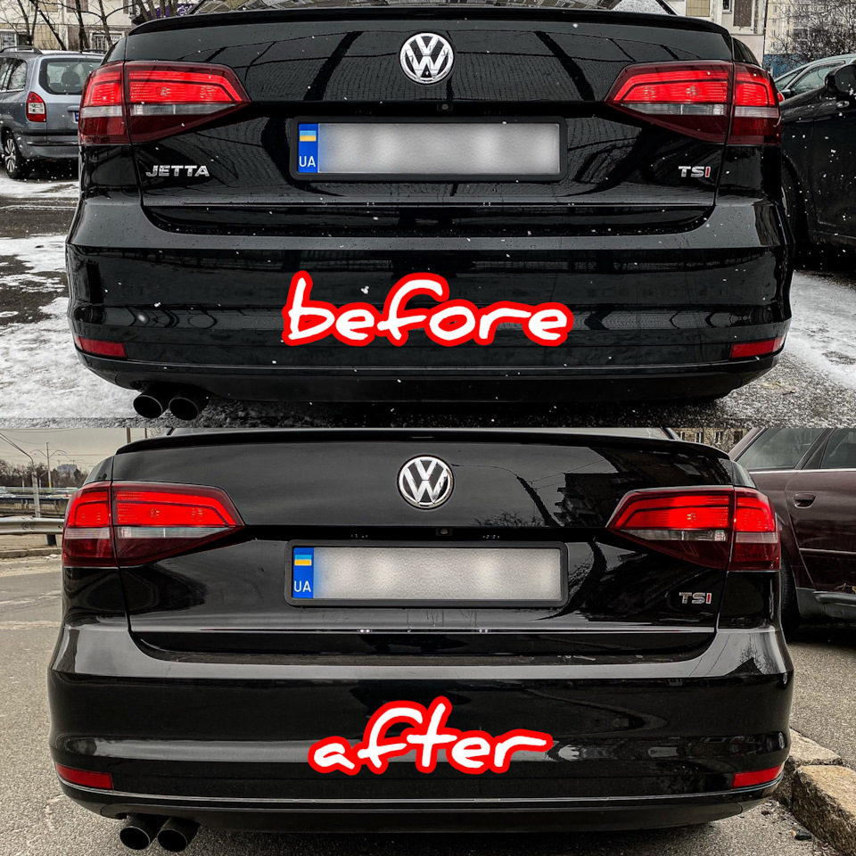 Видалення шильда JETTA на кришці багажника. До/після. Jetta 6 2